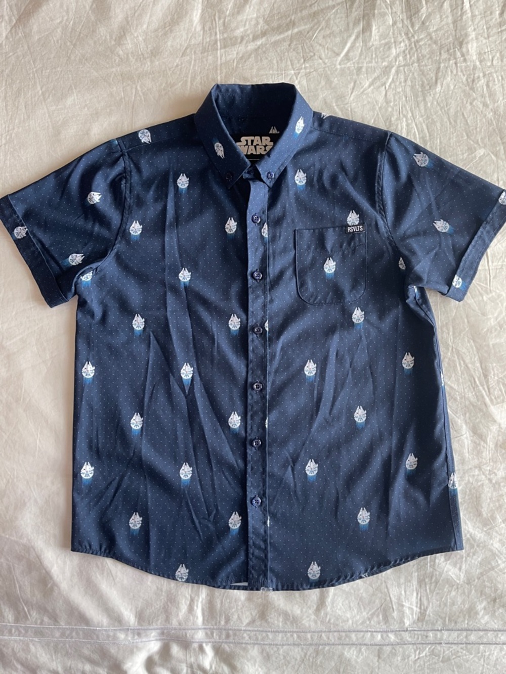 RSVLTS Navy Blue Short-Sleeve Button-Down Shirt with Light Ship Motif